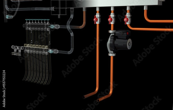 Fototapeta Layout of Industrial Boiler Room Interior with Pipes, Valves, Machinery and Heating System Equipment, 3D Rendering, wireframe