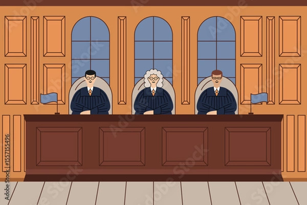 Obraz Courtroom illustration featuring three judges seated behind a large desk, symbolizing justice, authority, and legal decision-making.