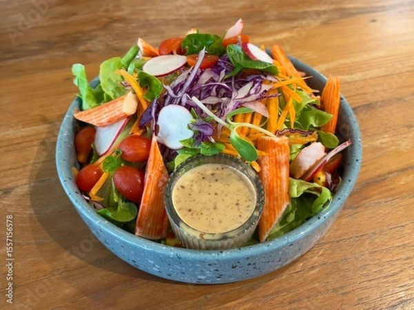 Fototapeta Crab sticks salad served with sesame dressing, selective focus