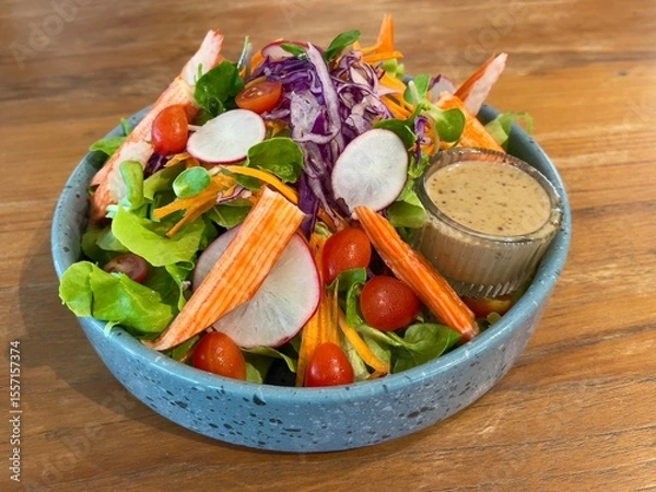 Fototapeta Crab sticks salad served with sesame dressing, selective focus