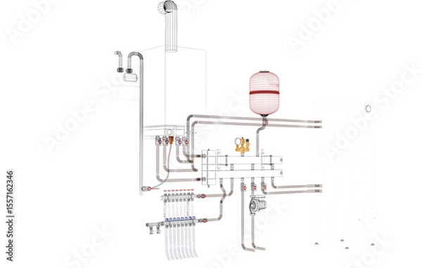 Fototapeta Layout of Industrial Boiler Room Interior with Pipes, Valves, Machinery and Heating System Equipment, 3D Rendering, wireframe