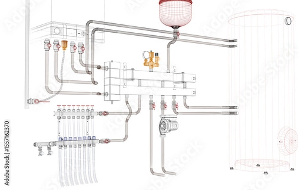 Fototapeta Layout of Industrial Boiler Room Interior with Pipes, Valves, Machinery and Heating System Equipment, 3D Rendering, wireframe
