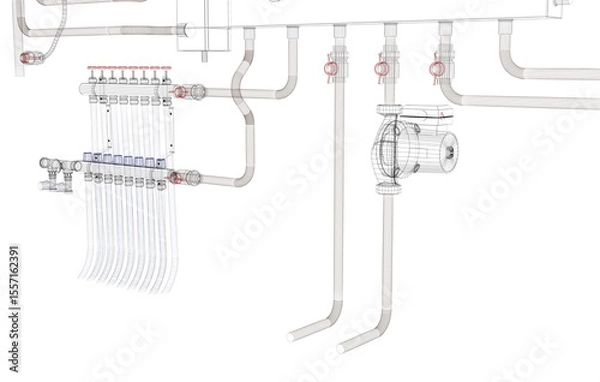 Obraz Layout of Industrial Boiler Room Interior with Pipes, Valves, Machinery and Heating System Equipment, 3D Rendering, wireframe