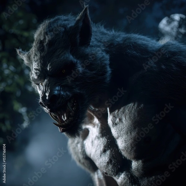 Obraz A mythical creature in a dark forest setting.