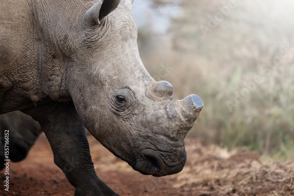 Fototapeta Two rhinos engage in a forceful dominance display, pushing and shoving each other on the open savanna, capturing raw power and territorial behavior during a safari game drive in South Africa.