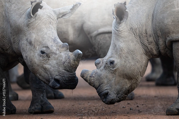 Fototapeta Two rhinos engage in a forceful dominance display, pushing and shoving each other on the open savanna, capturing raw power and territorial behavior during a safari game drive in South Africa.