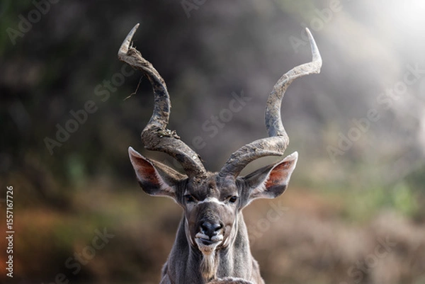 Fototapeta A kudu bull stands motionless in the golden bushveld, locking eyes with the camera in a moment of quiet intensity; sharp focus highlights its majestic horns and textured coat under warm natural light.