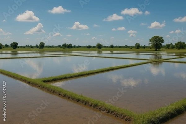 Fototapeta Flooded rice paddies in secluded regions without harvest