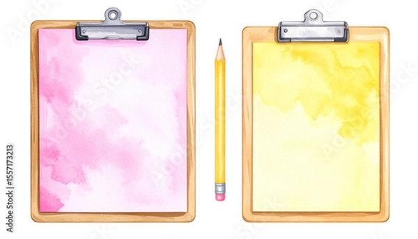 Fototapeta Two clipboards with watercolor backgrounds ready for creative projects and designs.