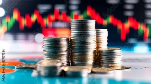 Fototapeta Coins stacked on finance chart, market decline
