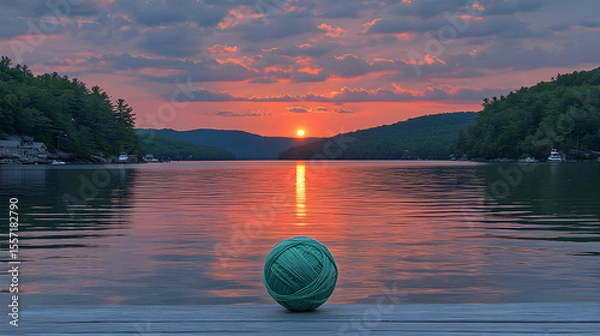 Fototapeta Serene lakeside knitting retreat at dawn with a ball of yarn and scenic views