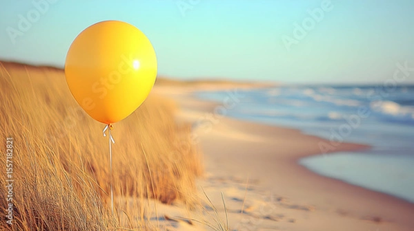 Fototapeta Vibrant yellow balloon against tranquil beachside scene creating a carefree atmosphere