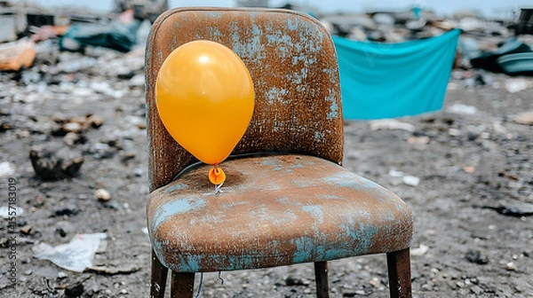 Fototapeta Rusting chair with deflated yellow balloon resting in a desolate landscape