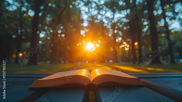 Fototapeta An open book rests on a table under a sunlit forest canopy creating a tranquil escape