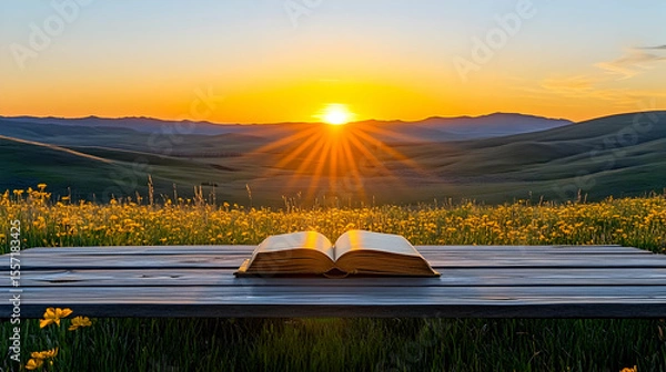 Fototapeta Open book on a wooden table overlooking a field during a golden sunset