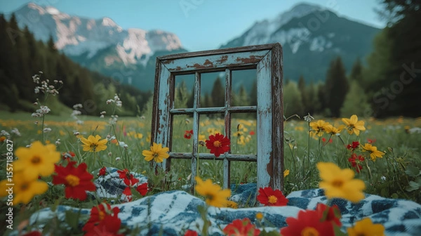 Fototapeta Rustic Window Frame in a Blooming Meadow against a Mountain Landscape