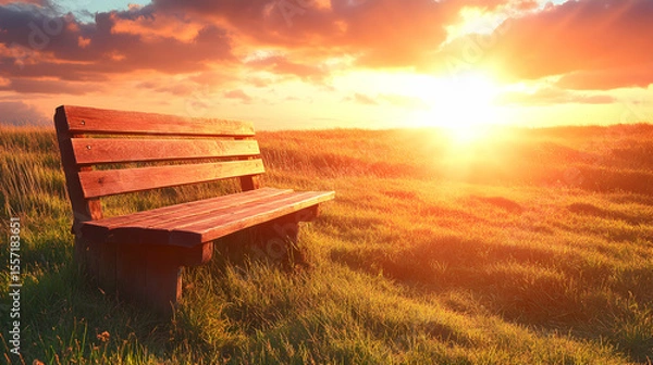 Fototapeta Inviting wooden bench nestled within a golden grassy field at sunset