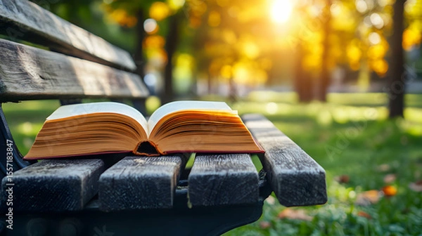 Fototapeta Open book resting on a park bench bathed in golden autumn sunlight serenity