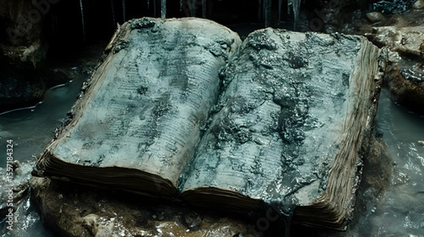 Fototapeta Submerged Knowledge: An Ancient Tome Eroding in a Mystical Aquatic Environment