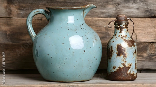 Fototapeta Rustic pottery still life featuring a blue ceramic pitcher and aged bottle