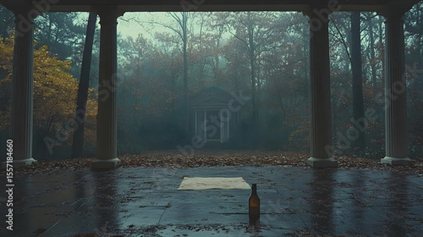Fototapeta Eerie autumn scene featuring classical architecture and misty forest backdrop