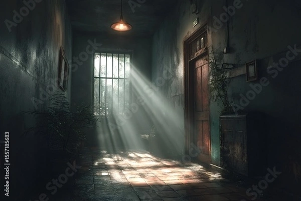 Obraz Sunbeams filtering through cracks illuminate a dark, grungy hallway filled with decaying plants, a dirty tiled floor, and a hanging lamp casting eerie shadows