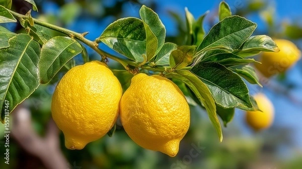 Obraz Fresh ripe lemons hanging on tree branch