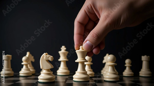 Fototapeta person playing chess on a black and white chess board, with their hand carefully placing a pawn on the board. The background is dark, emphasizing the focus on the chess pieces.