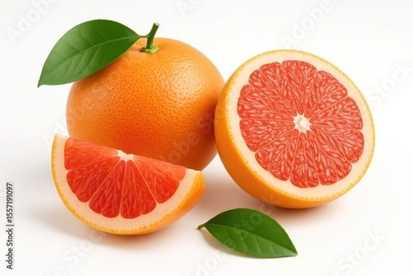 Obraz Collection of Grapefruit with Fresh Green Leaf on White Background