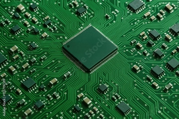 Fototapeta Eco-friendly advanced circuit board featuring integrated chip components background
