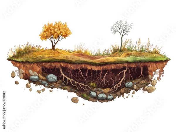 Fototapeta Nature underground scene with roots and trees png cutout with transparent background for graphics and design
