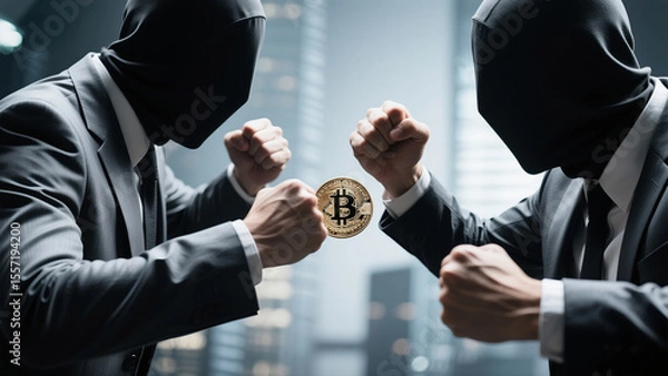 Fototapeta Bitcoin Battle: Anonymous Figures Clash over Cryptocurrency Dominance in Finance