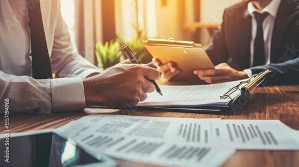 Fototapeta A legal expert reviewing a document with a client while pointing out actionable clauses showing practical interpretation of contracts