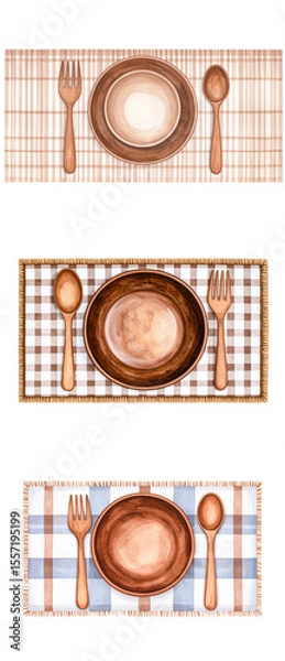 Fototapeta Elegant table settings featuring plates and utensils on patterned tablecloths.