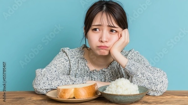 Obraz 白米とパンの前で悩む女性