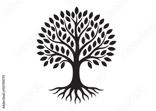 Fototapeta Tree of life logo silhouette vector, tree life logo icon silhouette, round tree of life with roots and branches vector, simple black tree of life silhouette logo vector on a white background.