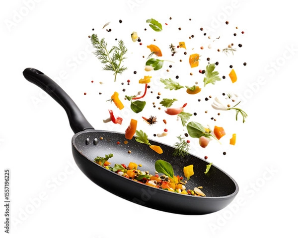 Fototapeta Colorful vegetables flying out of the pan, side view. Conceptual stock photography for cooking or healthy eating advertising banner template design. Frying pan with a vegetable mix.