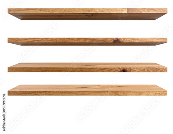 Obraz Natural wood and white floating shelves for modern decor, isolated on transparent background PNG