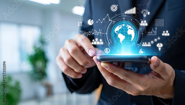 Obraz Businessman's finger touches a virtual screen with a social network icon representing global business communication and future digital technology