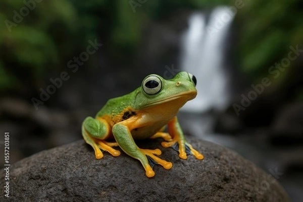 Fototapeta A rare amphibian native to Java perched on a rock near a waterfall, hunting for insects