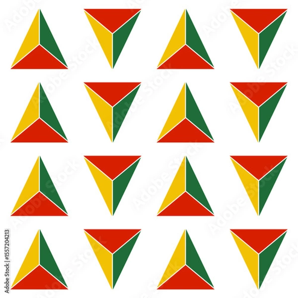 Fototapeta Modern and dynamic seamless pattern of geometric triangles in shades of red, green and yellow. Suitable for backgrounds, textiles, packaging or design projects.