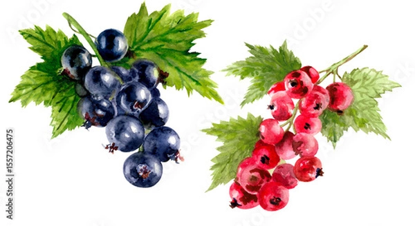 Fototapeta Watercolor set, black and red currant. Hand drawn illustration, isolated on white background. For label and postcard design.