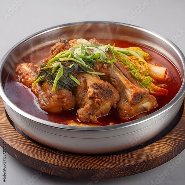 Fototapeta Authentic Korean Spicy Pork Bone Soup Gamjatang with Steaming Hot Broth and Fresh Vegetables