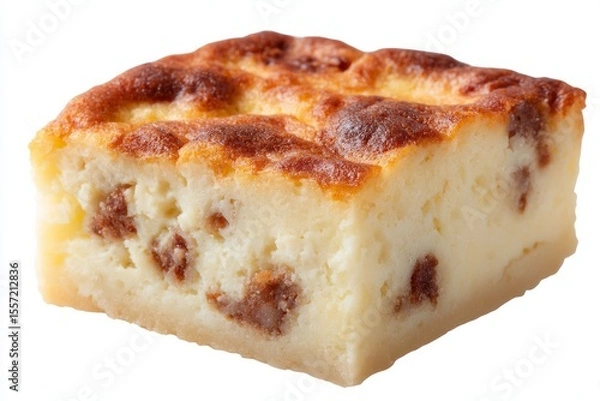 Fototapeta Moist, golden-brown cottage cheese casserole with caramelized raisins, exuding cozy winter solstice warmth and Slavic-style comfort food nostalgia