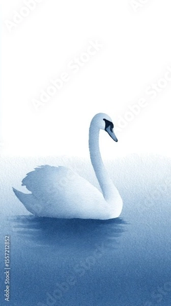 Fototapeta Graceful swan drifts in dreamlike azure serenity, embodying calm reflection, Midsummer Night reverie, serene summer solstice spirit