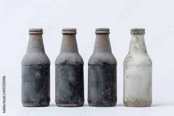 Fototapeta Four frost-kissed vintage bottles whisper antiquity, perfect for Root Beer Day or International Museum Day, shadowed with rustic nostalgia