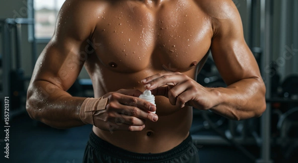Fototapeta Muscular man applying skin cream with determination in a gym environment