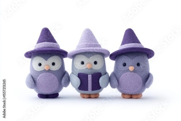 Fototapeta Three whimsical felt owls in violet wizard hats, perfect for Hoot Owl Festival and wool craft aficionados, conjure playful enchantment