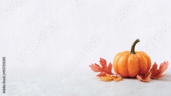 Fototapeta Tiny pumpkin on a stage of crimson leaves, signaling Samhain's whispers and harvest's nostalgic embrace