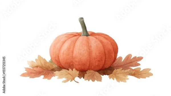 Fototapeta ```Autumnal pumpkin perched on a bed of rustling leaves, embracing Samhain's whispers and the Harvest Moon's glow```